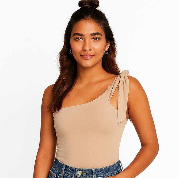 Express One Shoulder‎ Tie Knot Detail Bodysuit Top Beige S - Picture 1 of 16